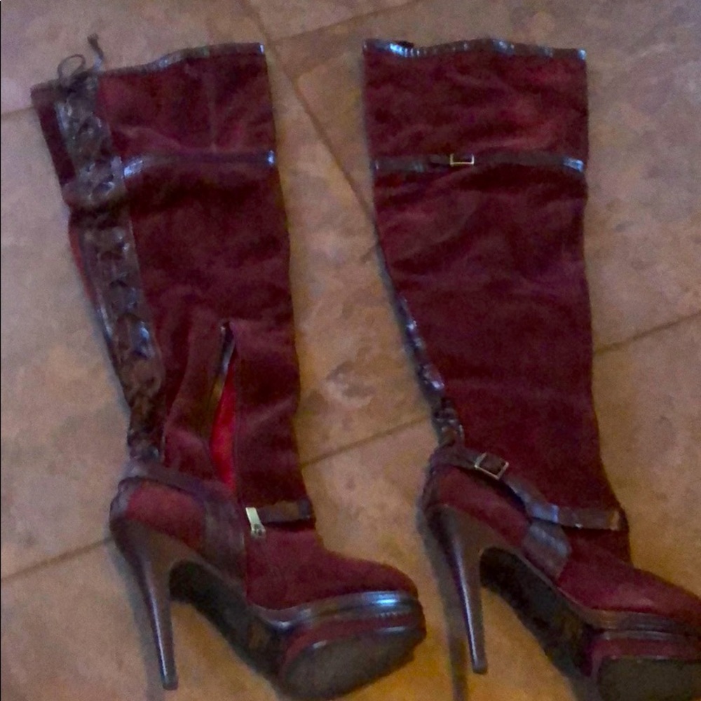Suede wine colored over the knee platform boots